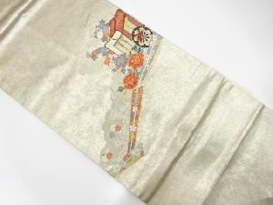 青銅箔御所車に扇・牡丹・菊模様織出し名古屋帯